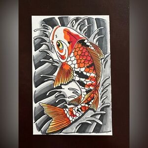 Copic Ink Marker  5x7 Inch Japanese Koi Fish Traditional Tattoo Style Orange